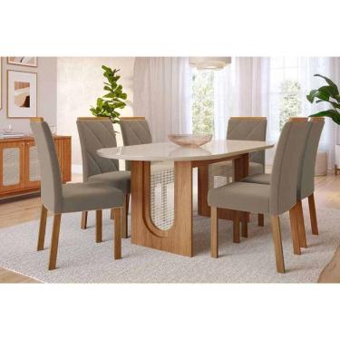 Imagem de Mesa Cozinha Valentina Tampo Madeirado Oval c/ Vidro 210x100cm e 6 Cadeiras Fernanda Cinamomo/Off White - Madeirado/Suede Jo-Cimol