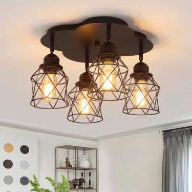 Imagem de Luminária de teto com 4 luzes de cozinha, montagem de teto multidirecional ajustável, luminária de teto com gaiola de metal vintage para corredor, sala de jantar, fazenda, entrada