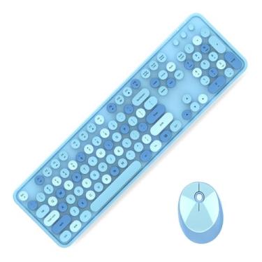 Imagem de Colorful Wireless Keyboard and Mouse Combo, Cute Keyboard Retro Typewriter with Round Keycaps for Computer Laptop Desktops PC Mac, 2.4GHz Dropout-Free Connection (Multicolor Blue)