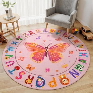 Imagem de Kiginara ABC Tapete redondo de alfabeto infantil de 1,8 m – Tapete de berçário lavável e macio, tapete educativo antiderrapante com design de borboleta rosa para sala de aula, sala de jogos e