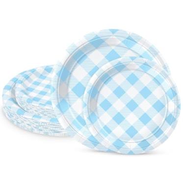 Imagem de LIKAJON 50 peças de pratos de papel xadrez azul e branco, 25 peças de 23 cm e 25 peças de pratos de sobremesa descartáveis de 17 cm para dia dos namorados, chá de bebê, aniversário, formatura