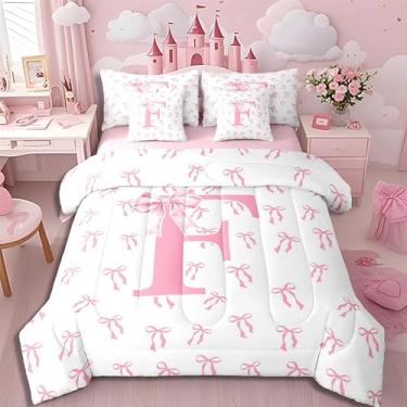Imagem de Erosebridal Jogo de cama Queen com letra A-Z, princesa sonhadora, monograma F e laço de 7 peças, lençol com elástico e lençol de cima