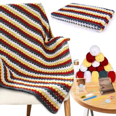 Imagem de Kit de cobertor de crochê para iniciantes, cobertor listrado de mosaico colorido, 42 peças, kit completo de crochê para iniciantes para adultos e crianças com fio premium para iniciantes, vídeos