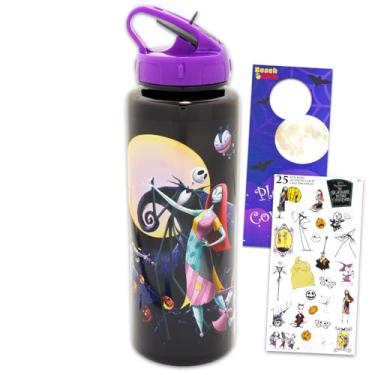 Imagem de Disney Conjunto de garrafa de água reutilizável The Nightmare Before Christmas, pacote de garrafa de água de plástico com bico para casa, escola, adesivo esportivo Plus e muito mais | Recipiente Jack