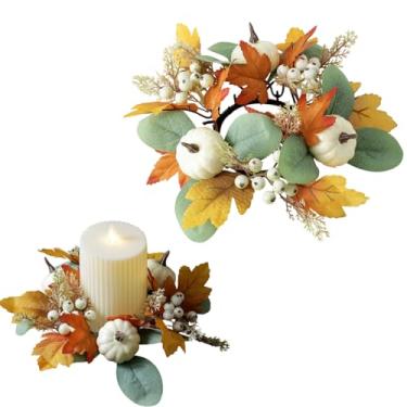 Imagem de Anel de vela artificial para o outono de Ação de Graças, folhas de bordo, frutas e abóboras, suporte de vela de outono, guirlanda decorativa para dia de Ação de Graças, colheita, casa de fazenda, mesa