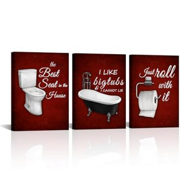 Imagem de RyounoArt Decoração de banheiro vermelha marrom bordô assento de vaso sanitário arte de parede regras de banheiro pinturas emolduradas 30 x 40 cm cada (vermelho)