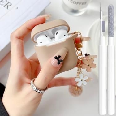 Imagem de Linda capa para AirPods 2ª/1ª geração para meninas e mulheres com chaveiro de flor pompom e kit de limpeza, silicone macio Airpods iPod 2ª/1ª geração capa protetora para AirPods 2/1 geração