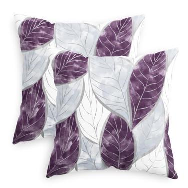 Imagem de CaliTime Capas de almofada decorativas 45,7 x 45,7 cm, pacote com 2 capas de almofada aconchegantes de lã em aquarela com folhas vibrantes para sofá-cama, sofá, fazenda, decoração cinza escuro, roxo