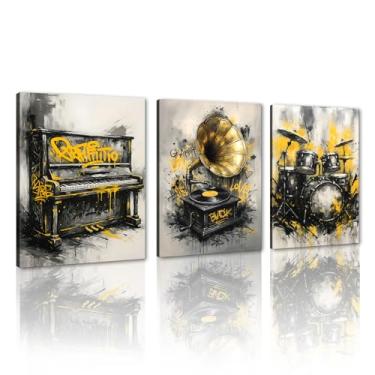 Imagem de Novatique Arte de parede de música graffiti disco de vinil arte de parede ouro piano e bateria decoração de sala de música para quarto sala de estar, 30 x 40,6 cm x 3 peças