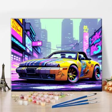 Imagem de Kit de pintura de carro esportivo por números para adultos Cyberpunk Graffiti estilo de pintura de carro por número com pincéis e pigmento, artesanato de pintura a óleo DIY, 40,6 x 50,8 cm