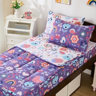 Imagem de DJY Jogo de cama casal com zíper, floral, roxo, para meninas, lençol com elástico, tudo em um para todas as estações