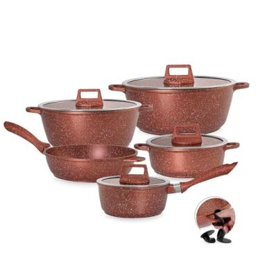 Imagem de MODA DO CHEF Jogo de Panelas Antiaderente com Tampa em Vidro 5 Peças Graniflon Cobre com Frigideiras e Caçarolas Cozinha Moderna e Saudável