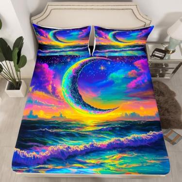 Imagem de Lençol casal com estampa de lua, azul e roxo, céu nuvens, galáxia, 1 lençol com elástico + 2 fronhas, capa de cama com bolso profundo com pintura a óleo da praia e oceano (sem lençol de cima