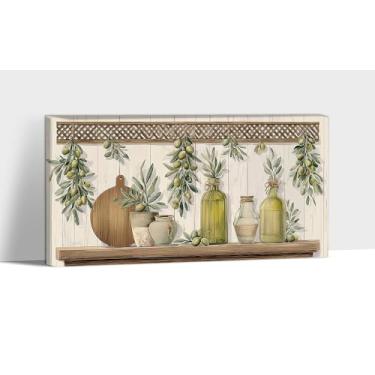 Imagem de KISTIKAT Arte de parede em tela de cozinha, impressão em tela de natureza morta de prateleira mediterrânea, pintura de pôster de garrafa de oliva rústica, imagem de decoração de fazenda para sala de