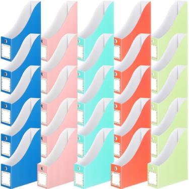 Imagem de Pasimy 25 peças de porta-arquivos de papelão Boho organizador de revistas com adesivo de etiqueta, caixa de armazenamento de arquivos multicolorida para prateleiras de mesa, documentos, escola, sala