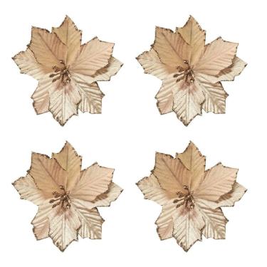 Imagem de Kit 4 Flores Bico de Papagaio Pick Natalino Veludo Champanhe Glitter 13cm