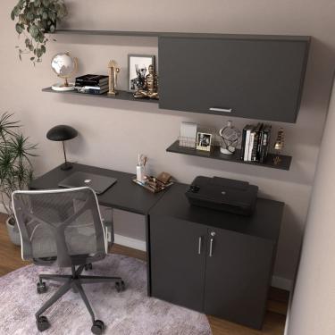 Imagem de Escrivaninha com Armário Baixo e Aéreo com Chave 200cm Modular Kitcubos Preto