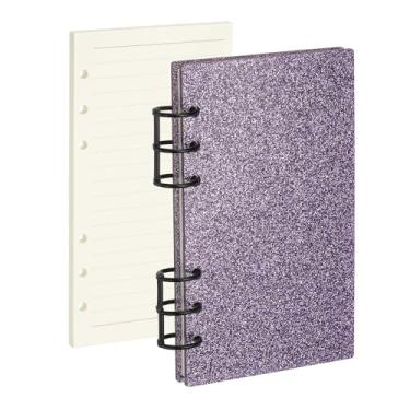 Imagem de PATIKIL Capa para caderno de 6 anéis, fichário acrílico com glitter A6, 2 anéis redondos de metal preto com 90 folhas forradas, papéis internos para planejamento de viagem e escritório, roxo