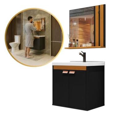 Imagem de Conjunto Gabinete Banheiro Pallas com Espelho 47cm MDP 12mm, Preto Ced