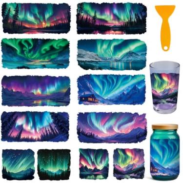 Imagem de GOMAKERER 12 peças de envoltório de copo UV DTF para vidro de 473 ml, Aurora UV DTF esfregar em transferências Aurora Boreal adesivos de transferência à prova d'água para garrafa de água, suprimentos