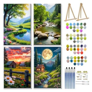 Imagem de JOOZ Pacote com 4 kits de pintura por números para adultos com moldura, pintura de paisagem de montanha por número com cavalete faça você mesmo floresta kits de pintura a óleo lua lago kits de pintura