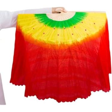 Imagem de Fã de seda de dança, fã de dança nacional, ventilador dobrável à mão, ventilador de dança de seda sintética, cor gradiente, ventilador de apresentação, adequado (vermelho-esquerdo)