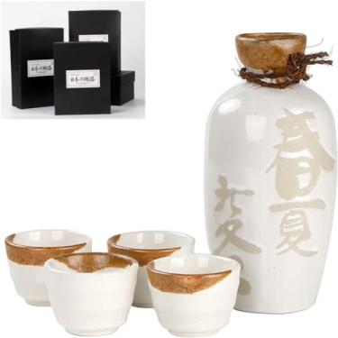 Imagem de JOEUQK Conjunto de 5 peças de saquê japonês inclui 1 garrafa de saquê e 4 peças de conjunto de copos de saquê de cerâmica