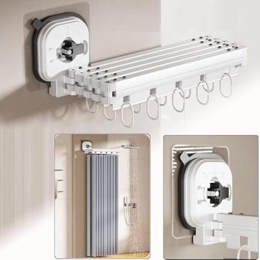 Imagem de Varão de cortina de chuveiro dobrável com cortina de chuveiro (15 x 16,5 cm), varões de cortina de canto montados na parede com 5 dobras com 12 anéis, ventosas para banheiro e banheira sem furadeira
