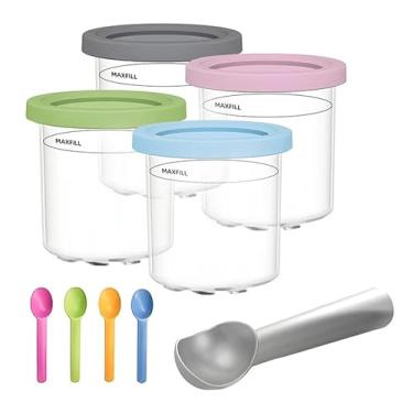 Imagem de Conjunto de Potes para Sorvete, 4 Recipientes com Tampas Coloridas, Colheres e Acessórios，Adequado Para Fazer Sorvete