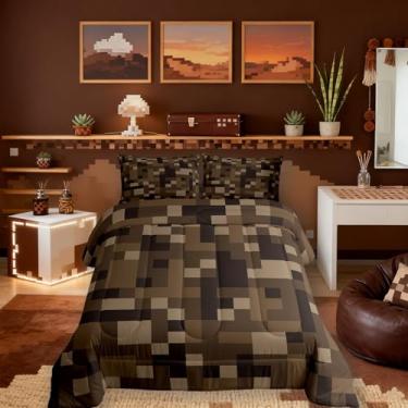 Imagem de Sandbox Conjunto de edredom infantil pixelado tamanho Queen, jogo de cama com estampa camuflada do exército, decoração de quarto de meninos, gamepad de videogame, edredom marrom, conjunto de edredom