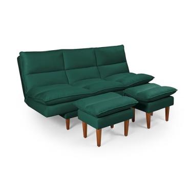 Imagem de Sofá-Cama Vancouver 3 Lugares com Chaise e Banquetas 5 em 1 Tecido Suede Macio Verde Casa Imperial
