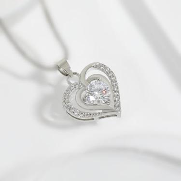 Imagem de Colar de coração a coração para mulheres, pingente duplo de coração do oceano com zircônia cúbica, colar ajustável branco roxo azul para esposa e esposa, joia romântica para presente, Medium, Latão