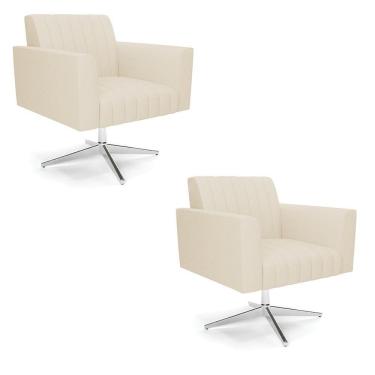 Imagem de Kit 2 Poltronas Giratória Viena Gomada Linho Bege A19 Base Cromada - D'rossi