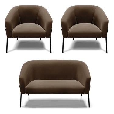 Imagem de Sofá Namoradeira E 2 Poltronas Pé De Ferro Preto Stella Suede D03 - D'rossi Cor Marrom