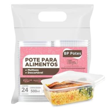 Imagem de Pote Descartável 500ml Retangular Freezer Microondas Marmita Fit Com Tampa (24 Unidades)