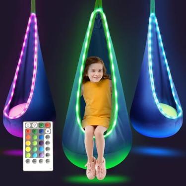 Imagem de Assento infantil iluminado com balanço sensorial com mudança de 16 cores e 4 modos, cadeira de rede suspensa para ambientes internos e externos (azul)