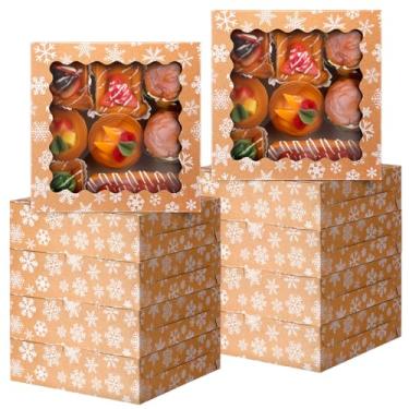 Imagem de FoldTier 48 caixas de biscoito de Natal Kraft com janela a granel 22 x 23 x 6 cm, caixas de presente de padaria de floco de neve de Natal para presentes de festa de Natal