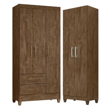 Imagem de Guarda Roupa Solteiro Lima E Armário Multiuso New Iris Castanho Wood - Moval