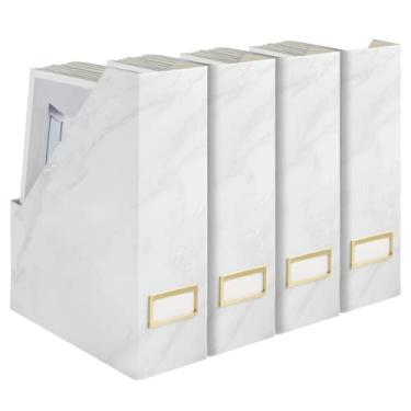 Imagem de BLU MONACO Conjunto de 4 porta-revistas elegantes com design de mármore branco e suportes dourados para etiquetas – Suporte de arquivo perfeito para mesa, armazenamento de revistas para escritório doméstico e organização e armazenamento de sala de aula