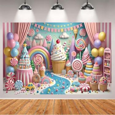 Imagem de Decoração de festa Candy Land Pano de fundo doce sorvete pirulito donut arco-íris decoração de doces para meninas crianças chá de bebê 1º aniversário bolo mesa banner adereços de estúdio fotográfico
