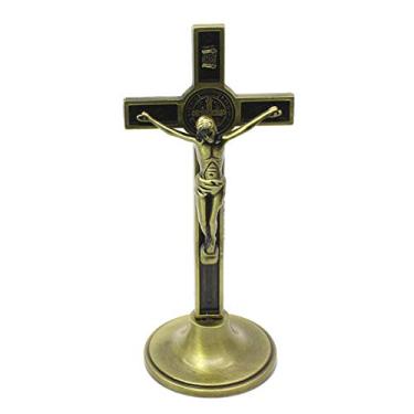 Imagem de WAGHAVEN Crucifixo de metal pequeno de 11,4 cm, crucifixo de mesa, cruz de Jesus católico de metal, altar-cruz de capela cristã, crucifixo religioso para decoração de mesa ou parede, decoração de casa