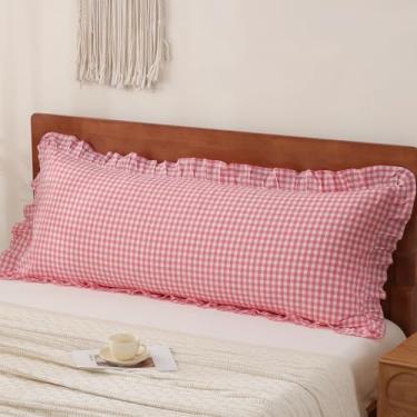 Imagem de YHJWW Capa de travesseiro de corpo com babados rosa guingão 100% algodão lavado como linho macio e confortável 1 pacote capa de almofada decorativa xadrez xadrez fofa (50 x 137 cm, fecho de envelope)