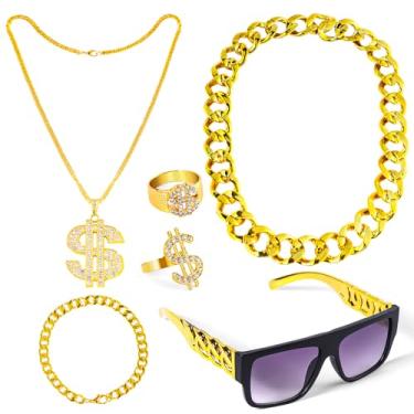 Imagem de Kit de fantasia de hip hop, 6 peças, roupa dos anos 80 anos 90 para homens e mulheres, colar de símbolo de dólar, pulseira de corrente de ouro falsa, anel de dedo para óculos de sol para joias