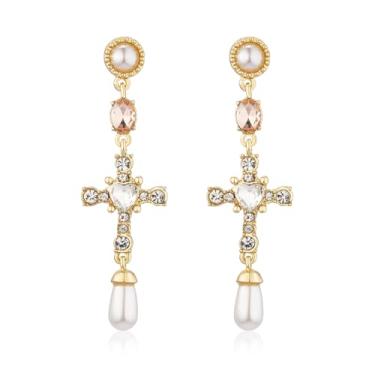 Imagem de Brincos de cruz de pérola para mulheres, brincos de pérola gótica, presentes de Páscoa, primeira comunhão, batismo, presentes de confirmação