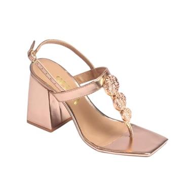 Imagem de Sandália Feminina Elegante, Salto Alto Quadrado Dourado, Tiras com Fivela, Peito do Pé com Enfeite Brilhante, Verão Moderna, Dedo (Rosê, BR, Adulto, Numérico, 39)