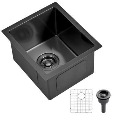 Imagem de Xiiwin Pia de cozinha pequena de 33 cm de montagem inferior de 33 cm x 38 cm, tigela única de aço inoxidável para bar de vinhos, lavanderia, preta