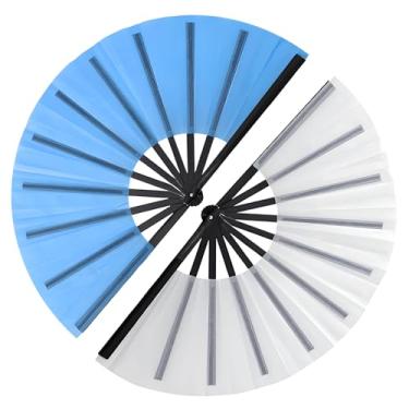 Imagem de Yunaeduo Pacote com 2 leques grandes dobráveis para dança em linha, botas no chão, fãs de rave, fãs de dança portáteis de tecido de nylon de 33 cm (azul e branco)