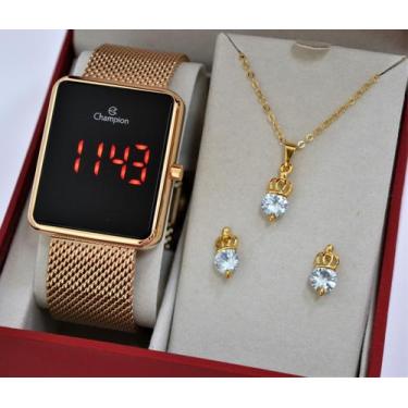 Imagem de Relogio champion rose quadrado digital led vermelha ch40080p + kit sem