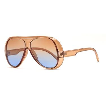 Imagem de FEISEDY Óculos de sol aviador retrô extragrande feminino masculino moderno vintage estilo anos 70 grande escudo quadrado B0344, Armação marrom, lente azul gradiente marrom, 55mm