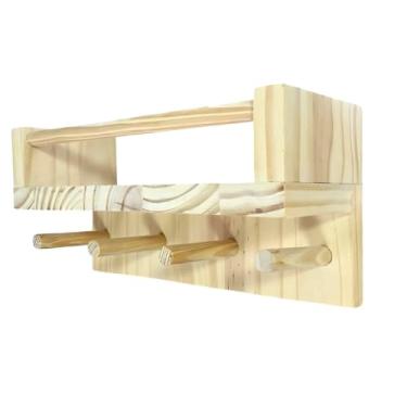 Imagem de Cabideiro de Parede com Prateleira Auxiliar e Cerquinha Superior em Madeira Pinus - Farmhouse Cor:PINUS NATURAL;Tamanho: